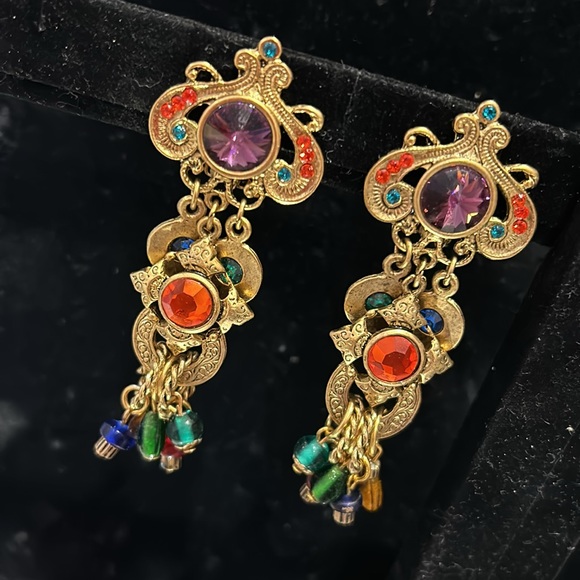 Vintage Designer Antiqued Gold with Jewel Tone Crystals Earrings-Boutique - Picture 3 of 8